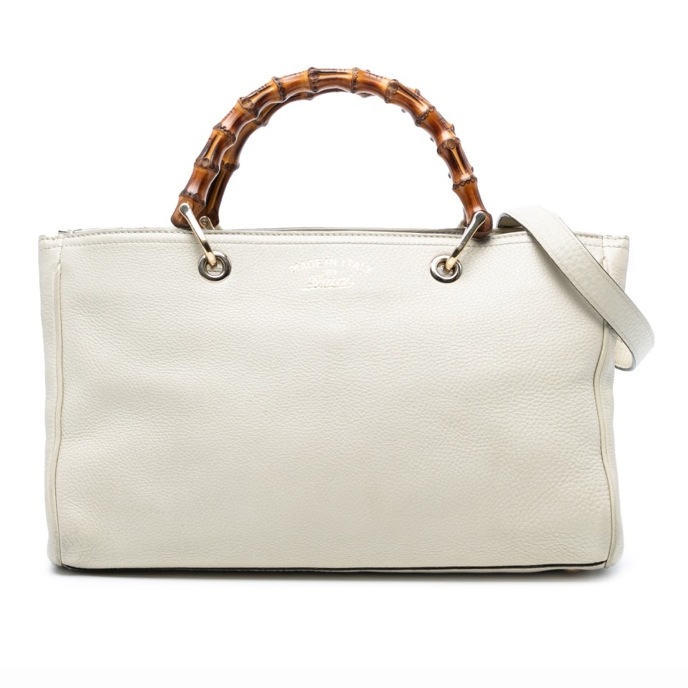 Gucci Calfskin Bamboo Shopper Satchel White Leather Bag - EUC
